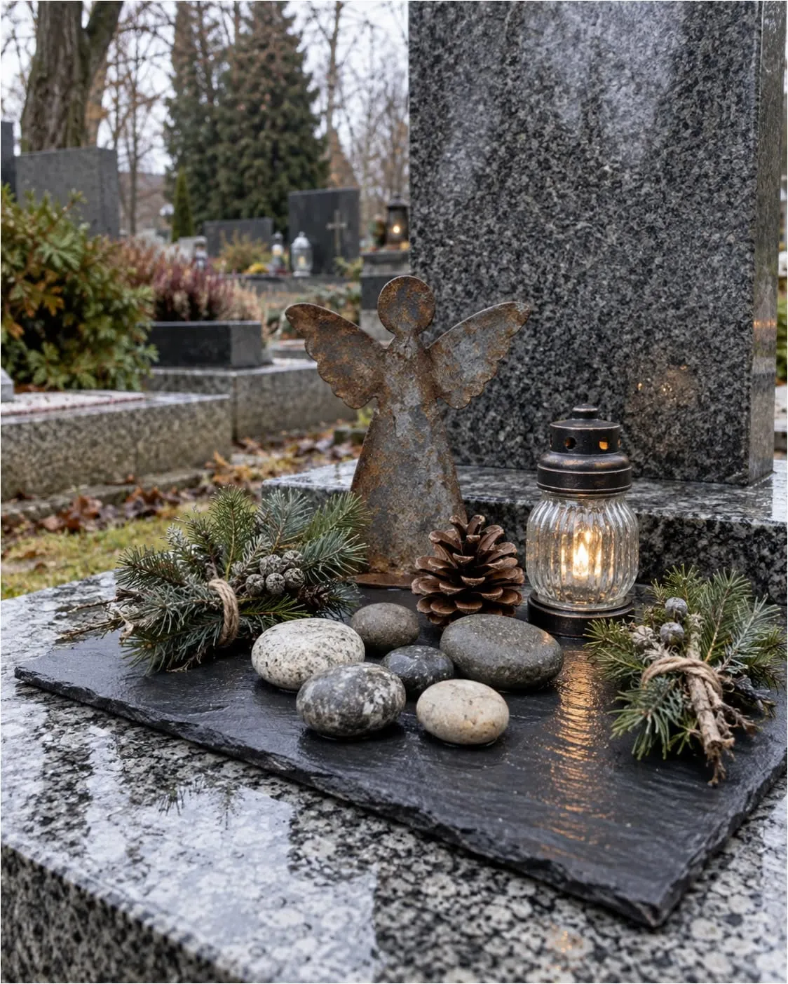 Zimní výzdoba hrobu s andělem, šiškami, oblázky a lucernou